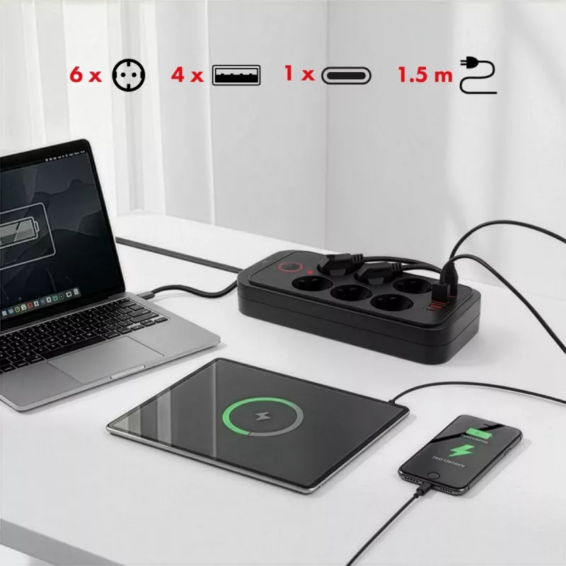 Listwa zasilająca MACLEAN MCE389 B — 6 gniazd, 4×USB-A + 1×USB-C, 110–240 V, 2,1 A, 2500 W, kabel 1,5 m, czarna