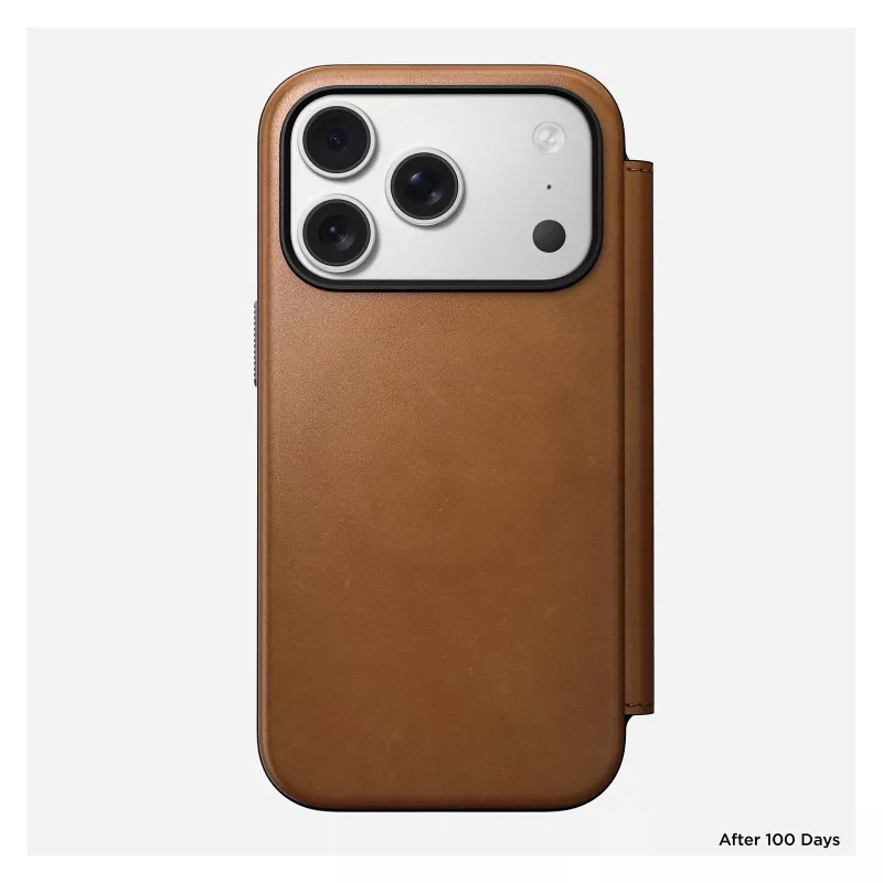Etui z klapką Nomad Modern Leather Folio do iPhone 17 Pro, skóra + aluminium, 6,3 cala (16 cm), Tan, 3 kieszenie na karty