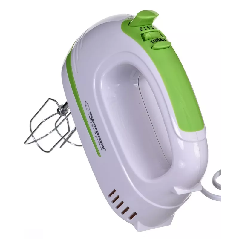 Mikser ręczny ESPERANZA EKM011 — 400 W, 5 prędkości, turbo, haki i trzepaczki do ciasta, 220–240 V, biały/jasnozielony