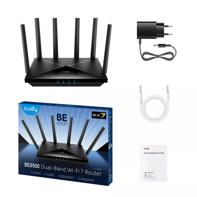 Router bezprzewodowy Cudy BE6500 Gigabit Dual Band Wi‑Fi 7 (802.11be), 2,4/5 GHz, 4x Gigabit LAN, ARM czterordzeniowy 2 GHz
