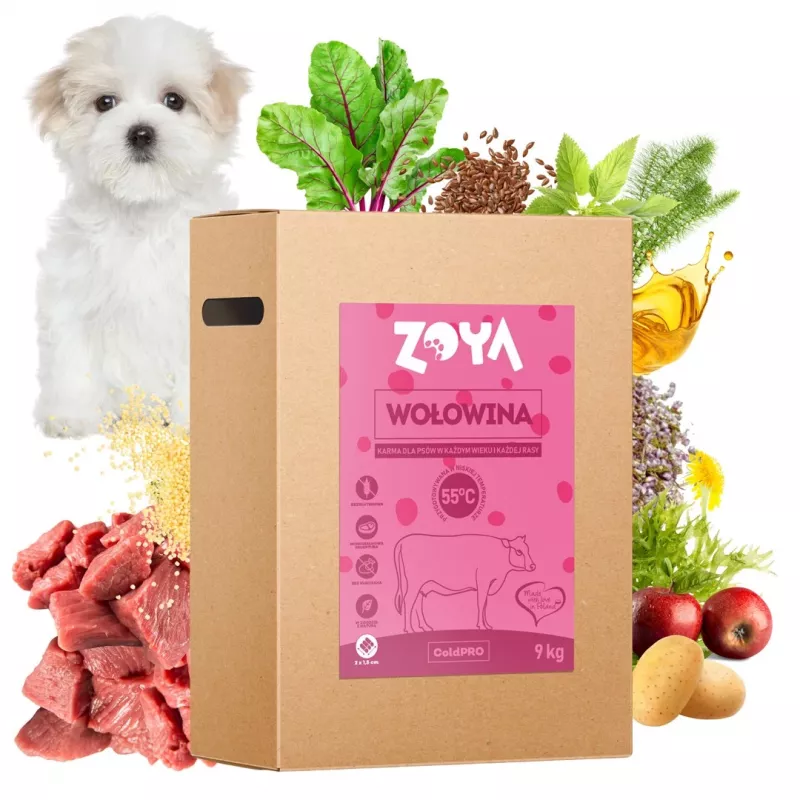 Sucha karma dla psów ZOYA ColdPRO Beef 9 kg — kompletna sucha karma dla dorosłych psów, 27% białka, 9,5% tłuszczu, bezglutenowa, bez cukru