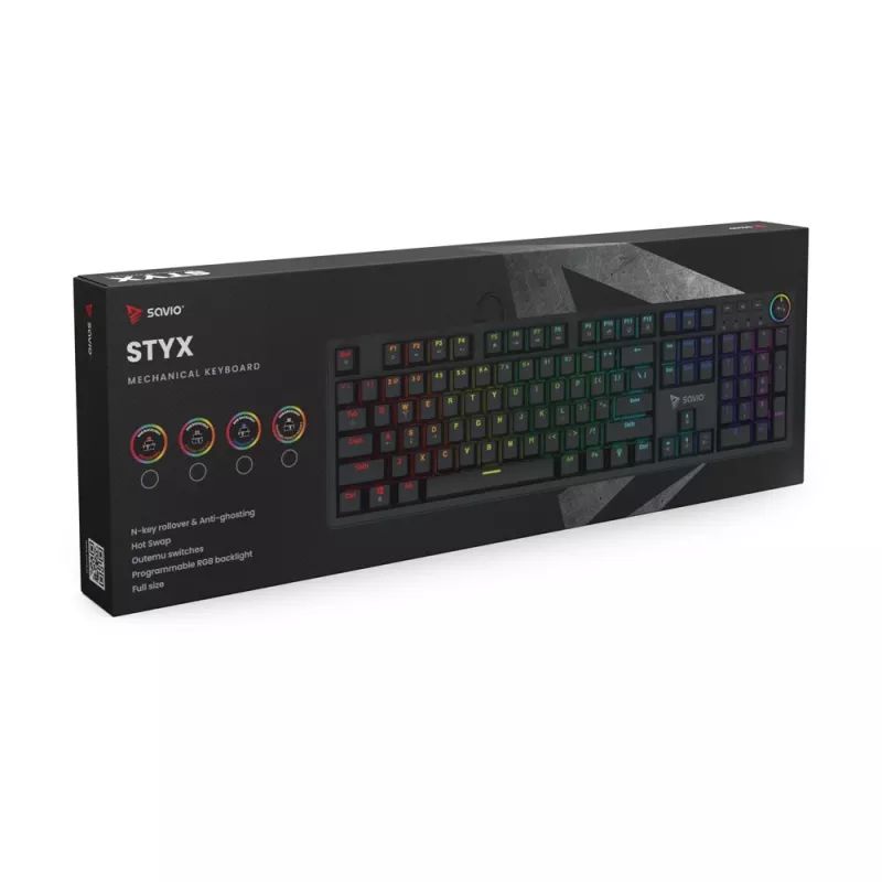 Mechaniczna klawiatura gamingowa SAVIO STYX Outemu Red — pełnowymiarowa 104-klawiszowa, przewodowa USB, RGB, ANSI US International, 1,5 m, czarna