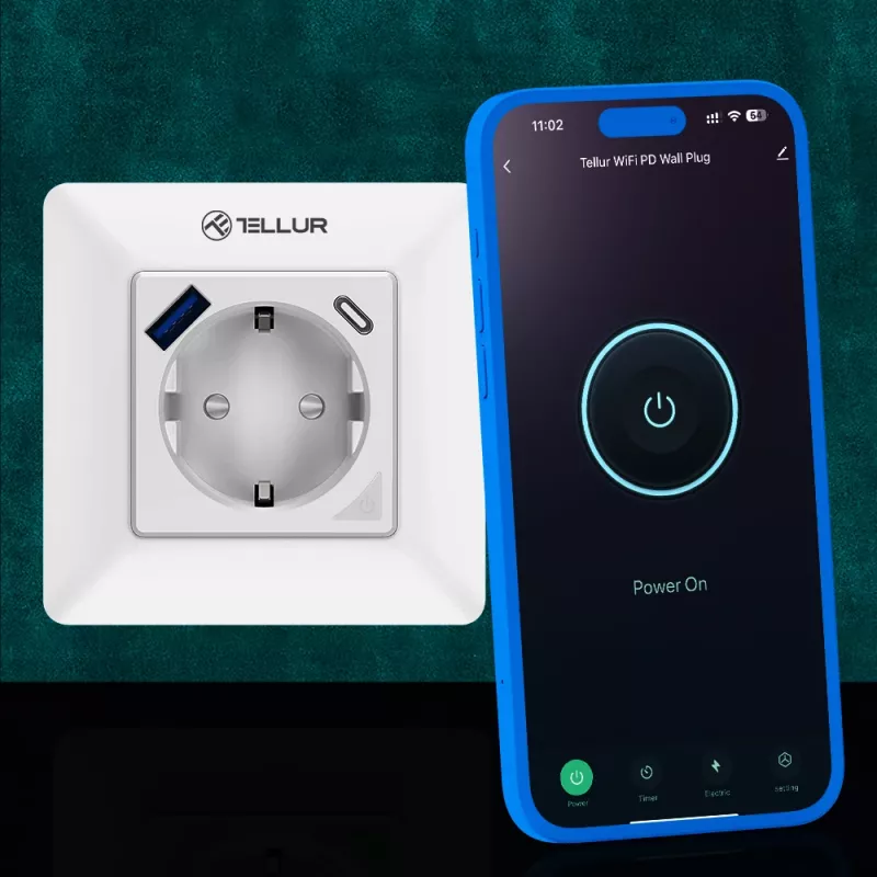 Inteligentna wtyczka ścienna WiFi Tellur TLL331531 — 3600W 16A, pilotów Wi‑Fi