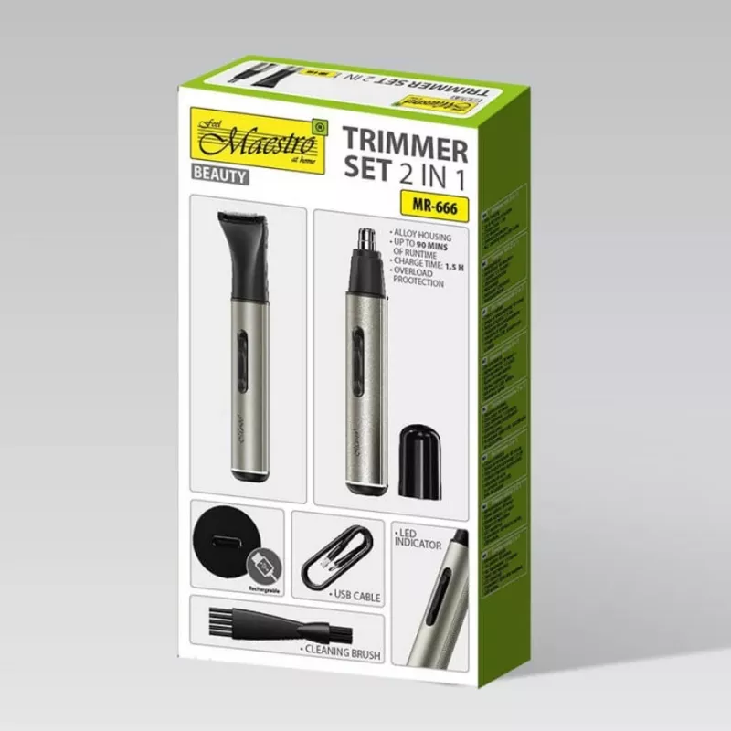Zestaw trymerów 2-w-1 Maestro MR-666 USB — ładowany zestaw do pielęgnacji podwójnej