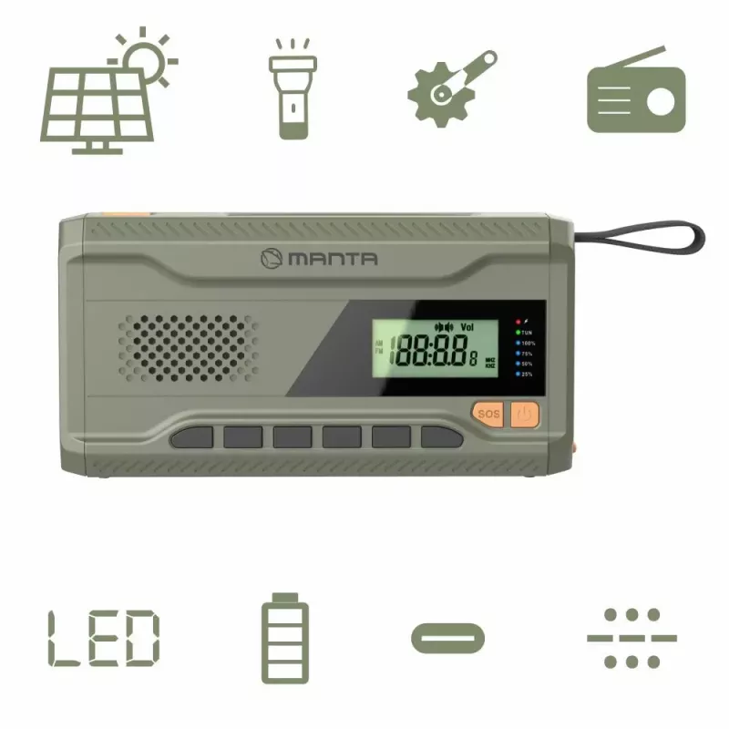 Przenośne radio FM MANTA RDI401G z panelem słonecznym, korbką dynamo, akumulatorem 4000–4500 mAh, wyjściem USB 5 V, 3 W, latarką