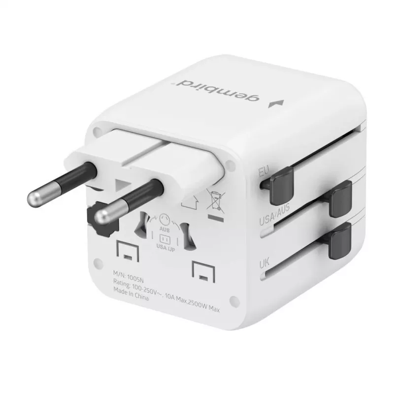 Uniwersalny podróżny adapter zasilania GEMBIRD TPA-INT-01-W — wejście 100–250 V, wtyk typu G, kompaktowe wymiary 84×56×85 mm