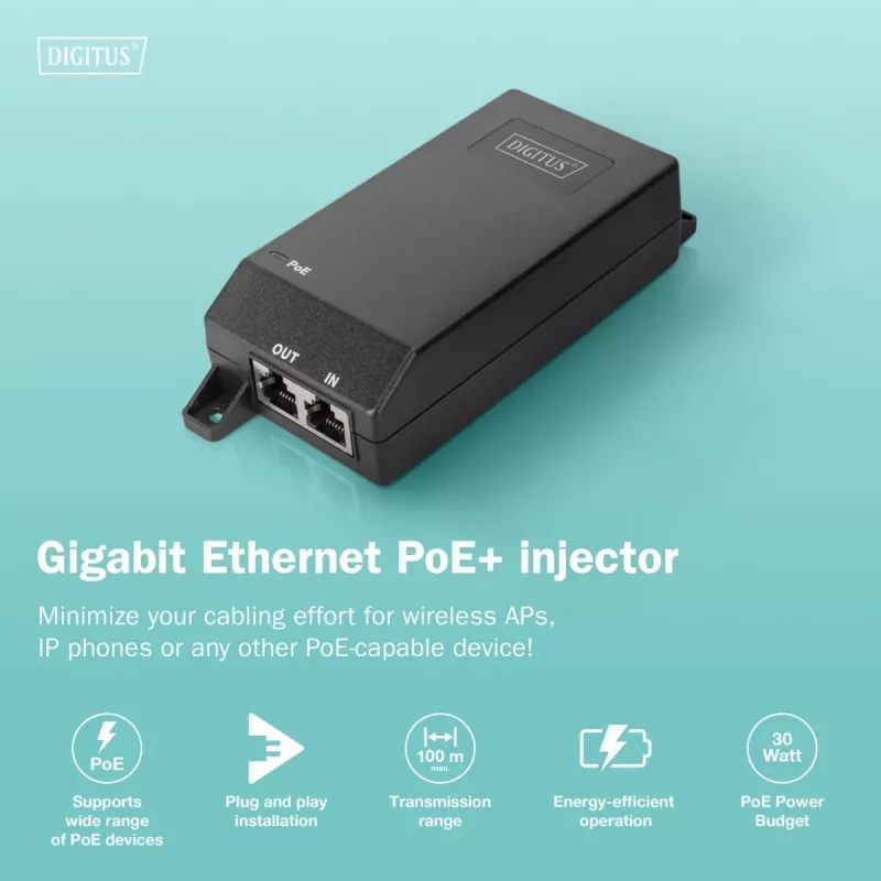 Digitus Gigabit Ethernet PoE+ injector 802.3at 30 W Czarny