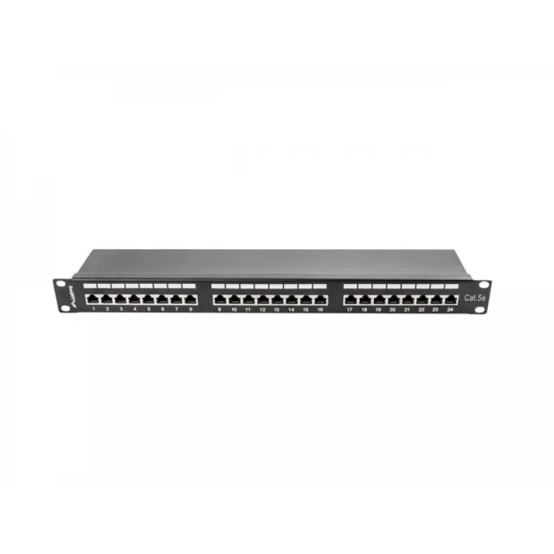 Patch panel 1U LANBERG PPS5-1024-B — 24-port RJ-45 Cat5, metal, czarny, montaż w szafie rack