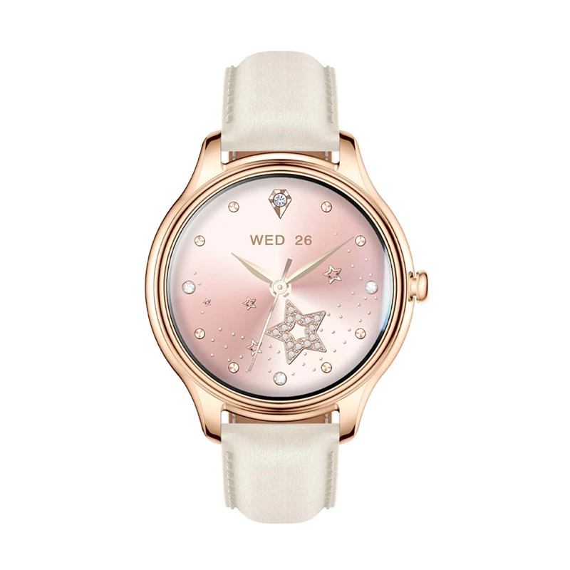 Smartwatch Colmi L28 ze złotą kopertą i złotym skórzanym paskiem