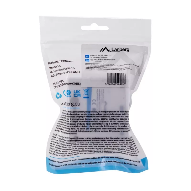 LANBERG Puszka natynkowa RJ-45 Cat6 OU6-0002-W biała, 2 gniazda, 30×54×57 mm