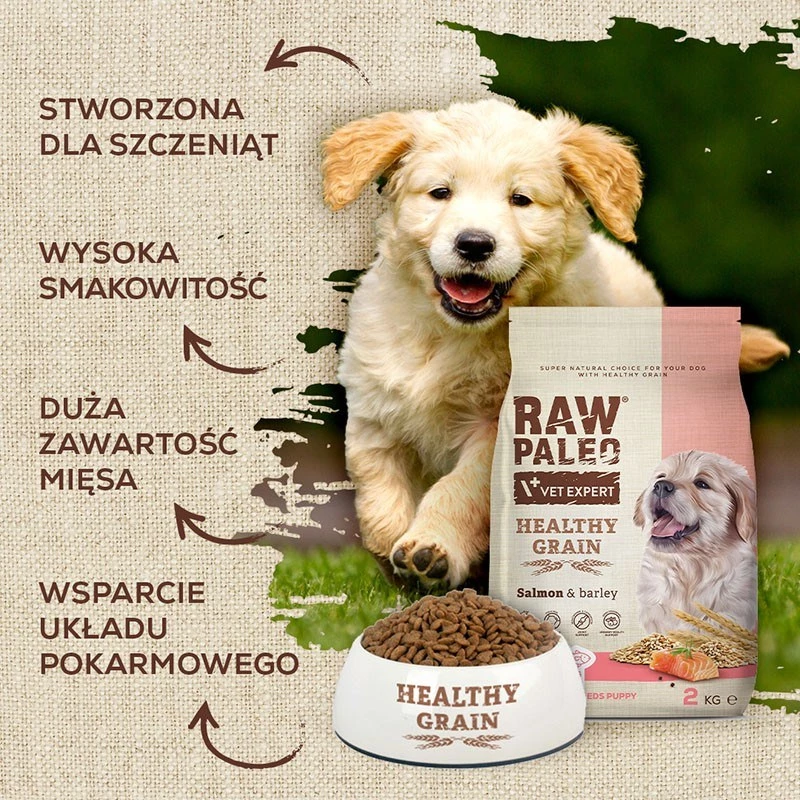 Sucha karma dla psa VETEXPERT Raw Paleo Healthy Grain Puppy Łosoś i Jęczmień 10 kg, białko 29% tłuszcz 17% wilgotność 9%