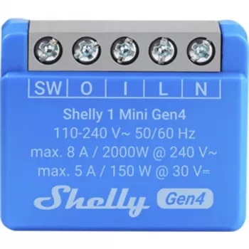 Inteligentny włącznik Shelly 1 Mini Gen4 1P bezprzewodowy 110–240 V 50–60 Hz 1,2 W Bluetooth Wi‑Fi ZigBee 34×16×29 mm