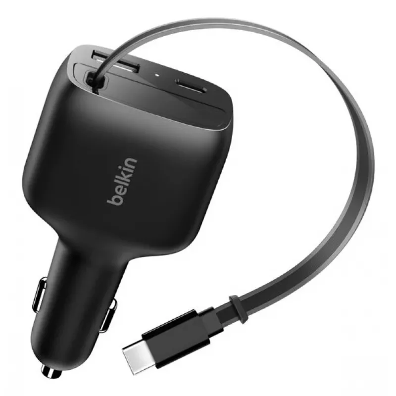 Belkin 75W 2-Port w Retractable USB-C Cbl Car - Kabel (CCC001HQBK)