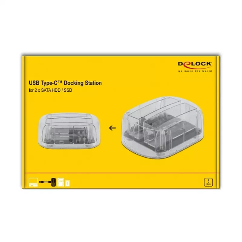 DeLOCK USB Type-C Docking Station for 2 x SATA HDD / SSD - HDD-Dockingstation Schächte: 2 - 2.5 / 3.5 gemeinsam genutzt (6,4 cm/8,9 cm gemeinsam genut