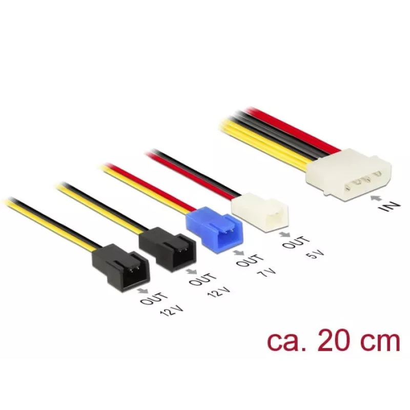 DeLOCK Molex 4 pin > 4 x 2 pin fan (12 V / 7 V / 5 V) - Netzkabel für Lüfter - interne Stromversorgung, 4-polig (M) bis Molex, 2-polig - 20 cm
