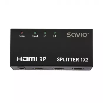 Rozdzielacz wideo HDMI SAVIO CL-42 — 2 wyjścia HDMI, 1920x1080, 36-bitowa głębia kolorów, metalowa obudowa, 5V/1A