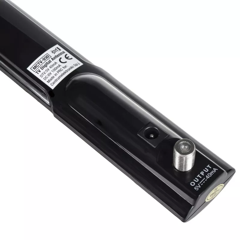 Antena wewnętrzna TV MACLEAN MCTV-930 — DVB-T, VHF 87,5–230 MHz, UHF 470–790 MHz, VHF 26 dB / UHF 28 dB, 75 Ω, czarna