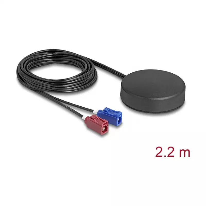 Zewnętrzna dookólna antena dachowa DELOCK 4G GNSS FAKRA C + FAKRA D 2 dBi / 28 dB 2,2 m RG-174 czarna