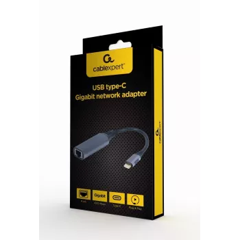 Karta sieciowa Gembird A-USB3C-LAN-01 Type-C USB 3.2 Gen 1, Gigabit RJ-45, kabel 0,15 m, metalowa obudowa, szary/czarny