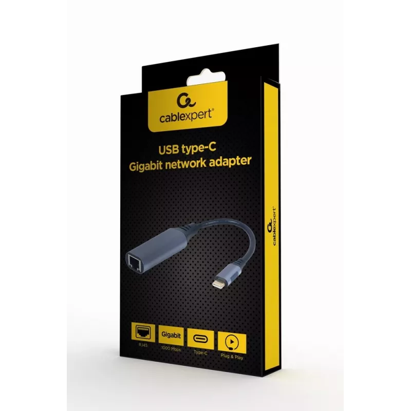 Karta sieciowa Gembird A-USB3C-LAN-01 Type-C USB 3.2 Gen 1, Gigabit RJ-45, kabel 0,15 m, metalowa obudowa, szary/czarny