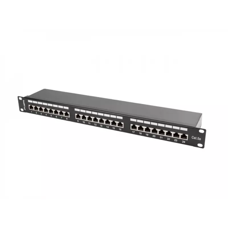 Patch panel 1U LANBERG PPS5-1024-B — 24-port RJ-45 Cat5, metal, czarny, montaż w szafie rack