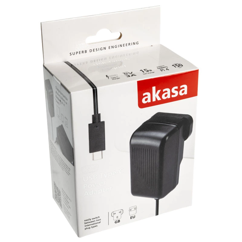 Ładowarka sieciowa szybkiego ładowania Akasa AK-PK15-02CM — 15W, USB-C 3A, kabel 1,5 m, Czarny