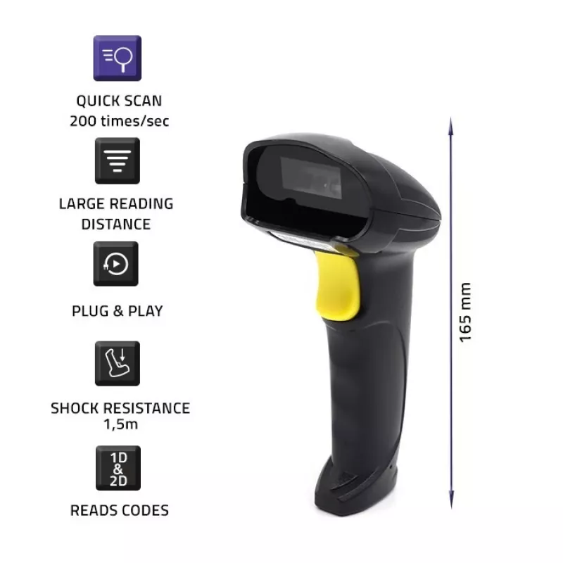 Przewodowy ręczny skaner kodów kreskowych 1D/2D QOLTEC 50853 — USB, obudowa ABS, kabel 1,65 m, 97×65×167 mm, 105 g