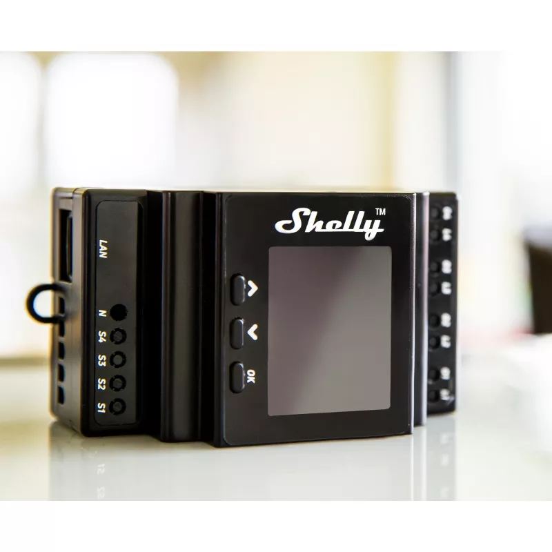 Moduł przekaźnikowy na szynę DIN Shelly 4-kanałowy Pro 4PM Wi‑Fi, 4 kanały, AC 110–240 V, pomiar mocy i energii, montaż na szynie DIN