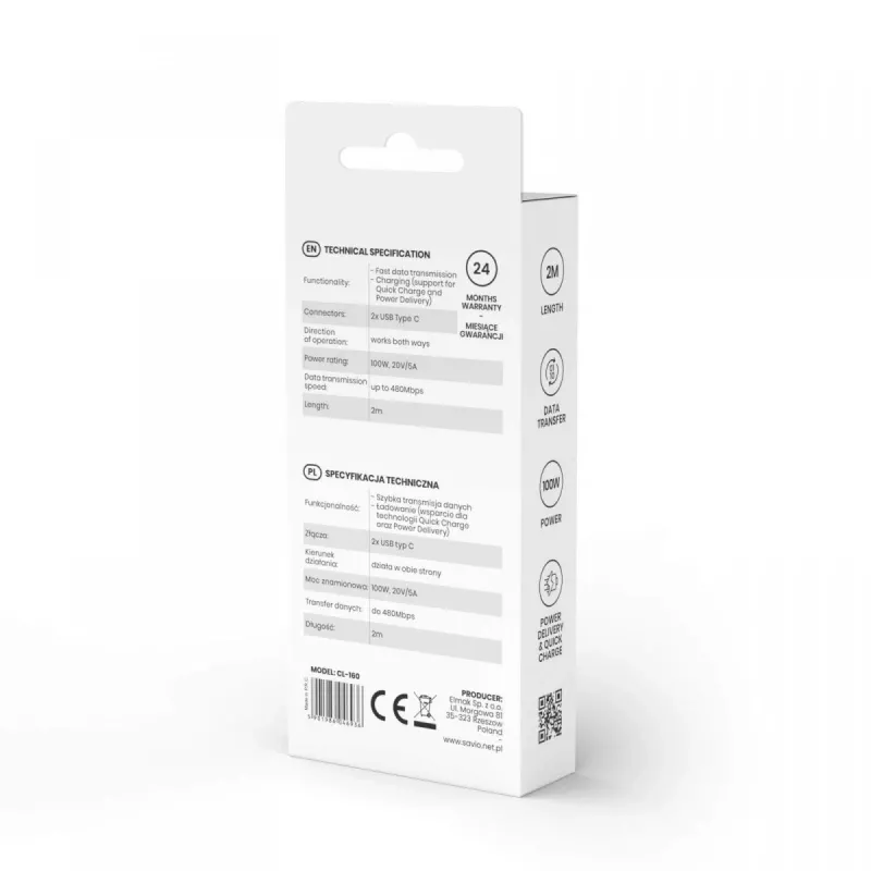 Kabel USB Savio CL-160 2 m USB 2.0 USB C - USB C Czarny