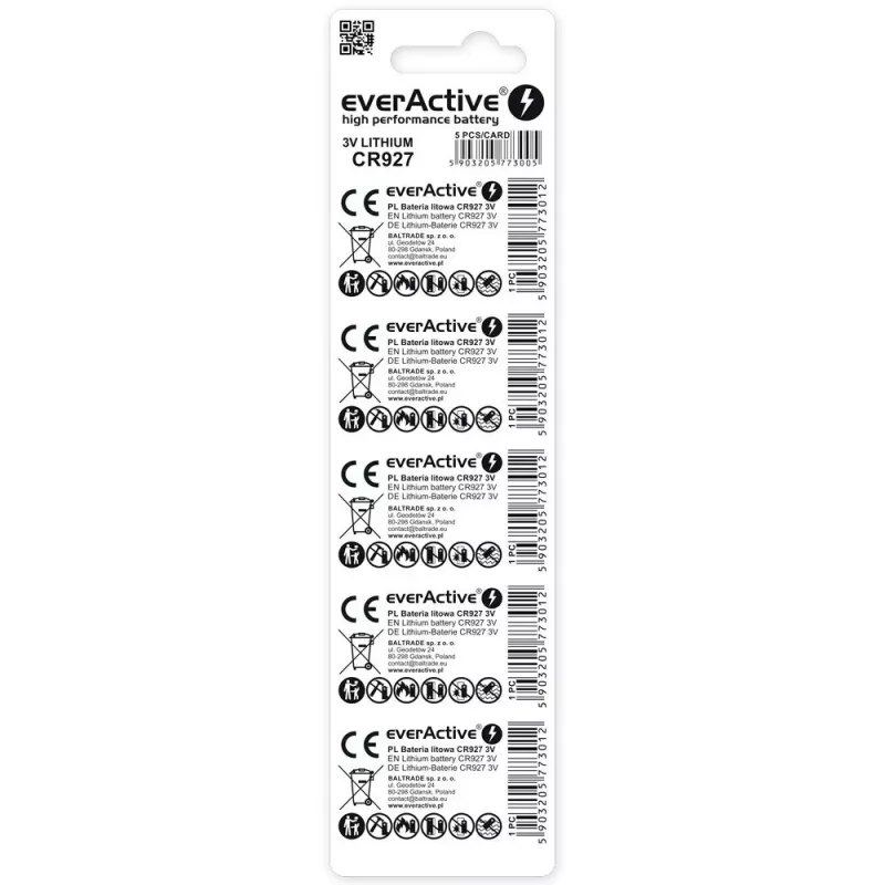 Bateria litowa pastylkowa everActive CR927 3V, 30 mAh, guzikowa/monetowa, wysokość 2,7 mm — opakowanie 5 szt.