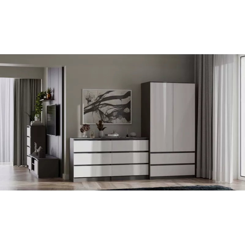 Szafa top e shop MALWA SS-90, 90×180×50 cm, rama antracytowa, białe drzwi uchylne, 2 szuflady, laminat 16 mm