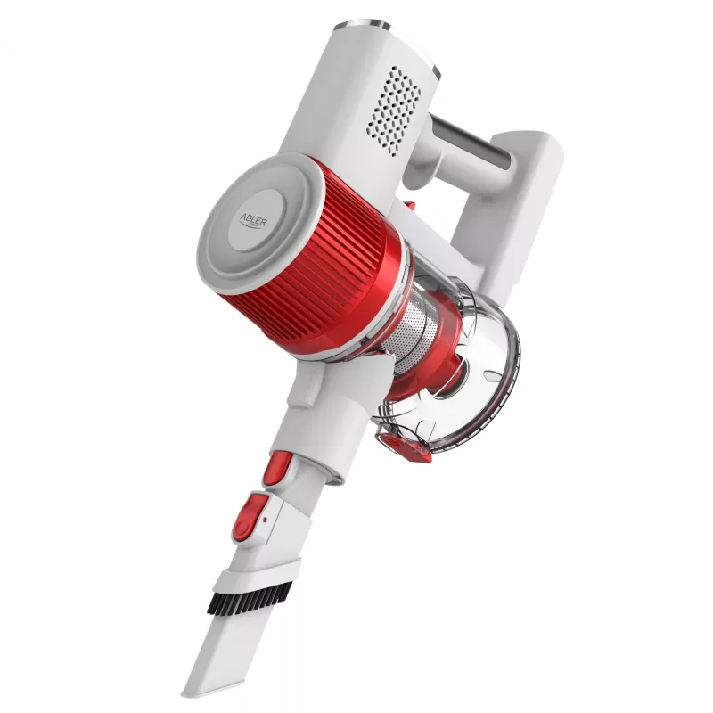 Odkurzacz bezprzewodowy Adler AD 7051 — 300 W max, akumulator 22.2 V, bezworkowy 0.6 L, rura ze stali nierdzewnej, EPA F8, oświetlenie LED, biało-czerwony