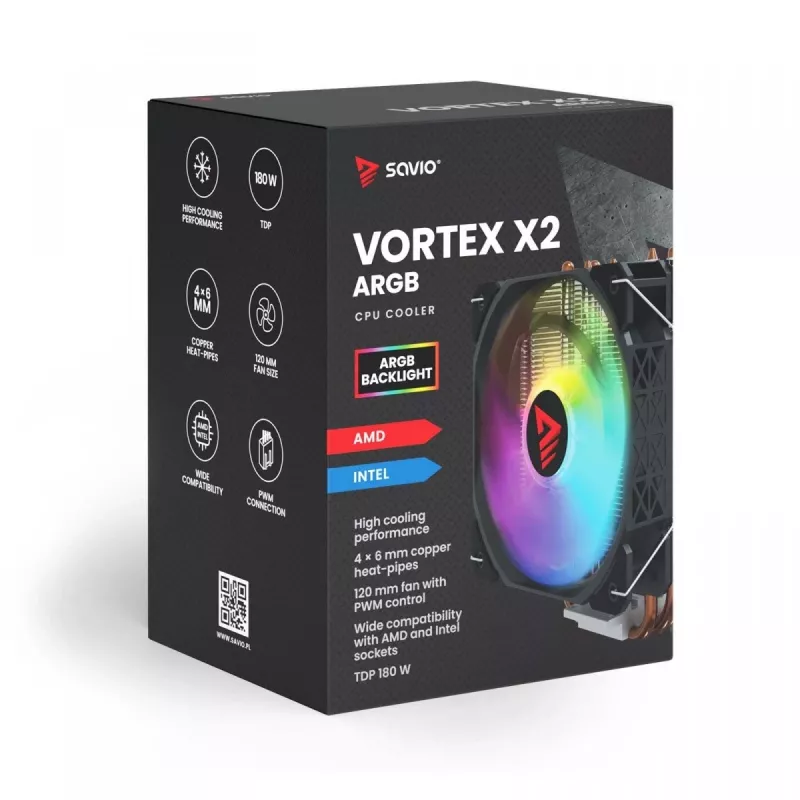 Chłodzenie procesora SAVIO SAVGCOVORTEXX2ARGB z 4 rurkami cieplnymi, wentylatorem 120 mm ARGB, czarne