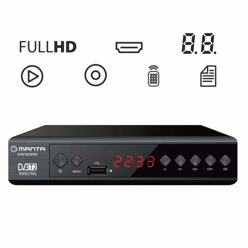 Cyfrowy odbiornik TV MANTA DVBT025PRO DVB-T2 obsługa Full HD nagrywanie USB