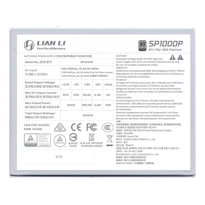 Zasilacz Lian Li SP Series Platinum SFX w pełni modułowy PCIe 5.1 ATX 3.1 1000W (G9P.SP1000P.W000.EU)