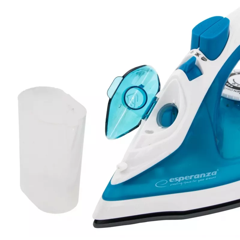 Żelazko parowe ESPERANZA EHI002 — 2200 W, stopa ceramiczna, para pionowa, 0,815 kg, biało-niebieskie