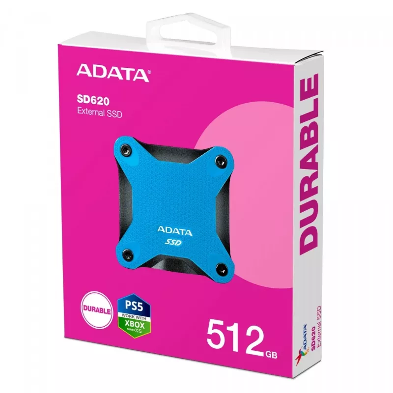 Zewnętrzny SSD ADATA SD620 512 GB, USB 3.2 Gen 2 Micro-USB B, niebieski, silikonowa obudowa, odporny na wstrząsy