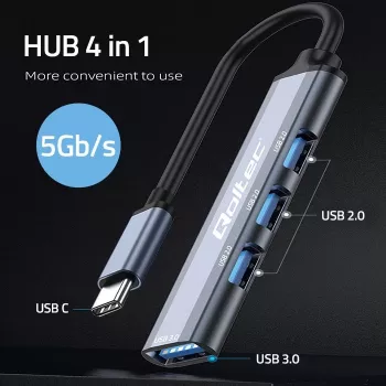 Hub USB QOLTEC 53792, USB-C 3.1 na 4 porty (USB 3.0 x1, USB 2.0 x3)