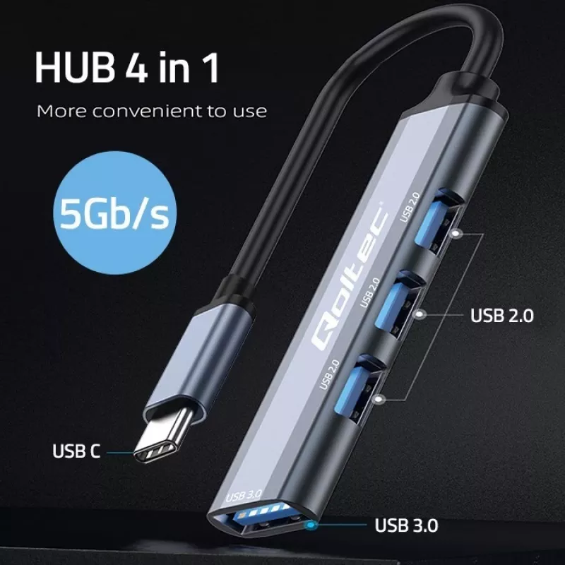 Hub USB QOLTEC 53792, USB-C 3.1 na 4 porty (USB 3.0 x1, USB 2.0 x3)