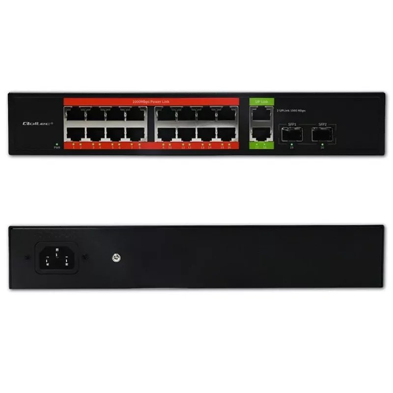 Przełącznik sieciowy QOLTEC 52292 — Gigabit Ethernet PoE, 16x RJ45, 2x RJ45 uplink, 2x SFP