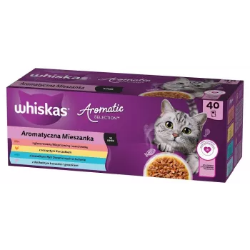 Mokra karma WHISKAS Aromatic selection Mix — 40 x 85 g saszetek, koty dorosłe, 83,6% wilgotności