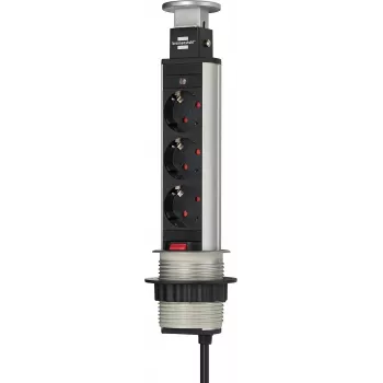 Brennenstuhl Tower Power Table Extension Socket - Przedłużacz - 3 gniazda wyjściowe - 2,0m - Czarny, Aluminium (1396200003)