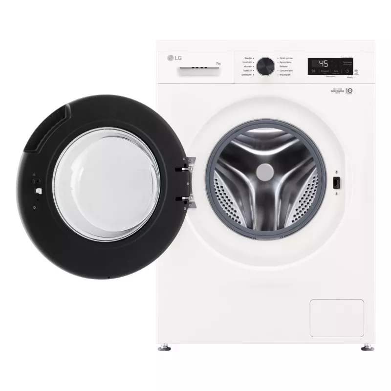 Pralka LG F2X10S7NWK — ładowana od przodu, szerokość 600 mm, głębokość 540 mm, wysokość 890 mm, masa netto 59 kg