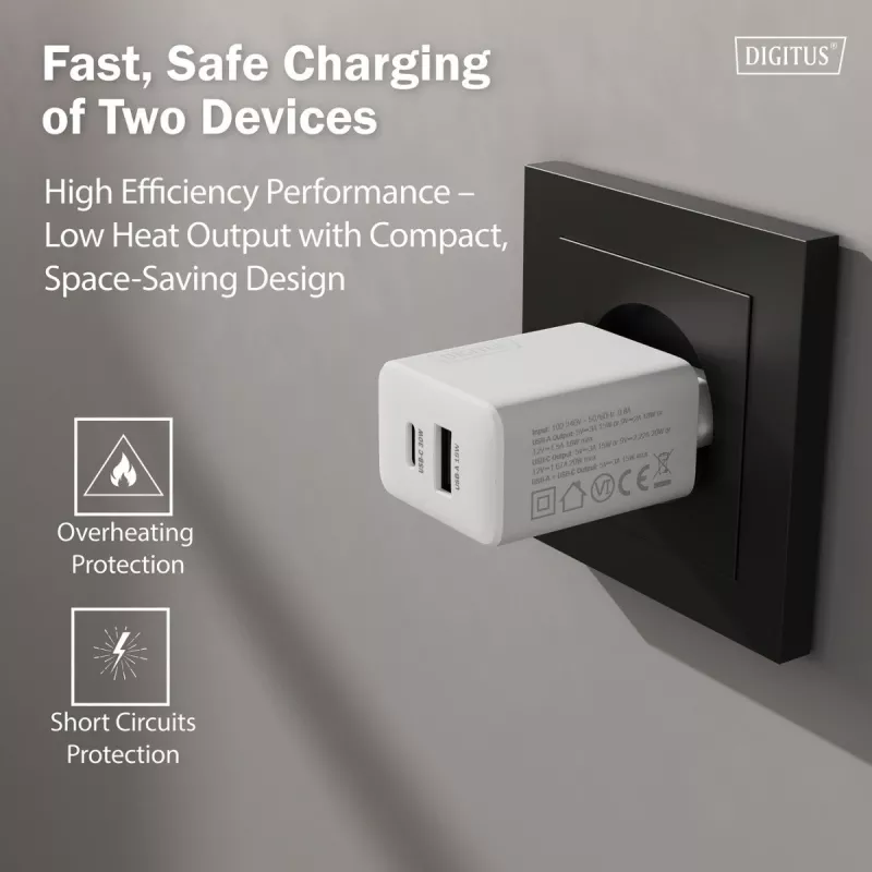 Ładowarka sieciowa USB GaN DIGITUS DA-10301 — 30 W, 1× USB-C, 1× USB-A, 100–240 V, biała