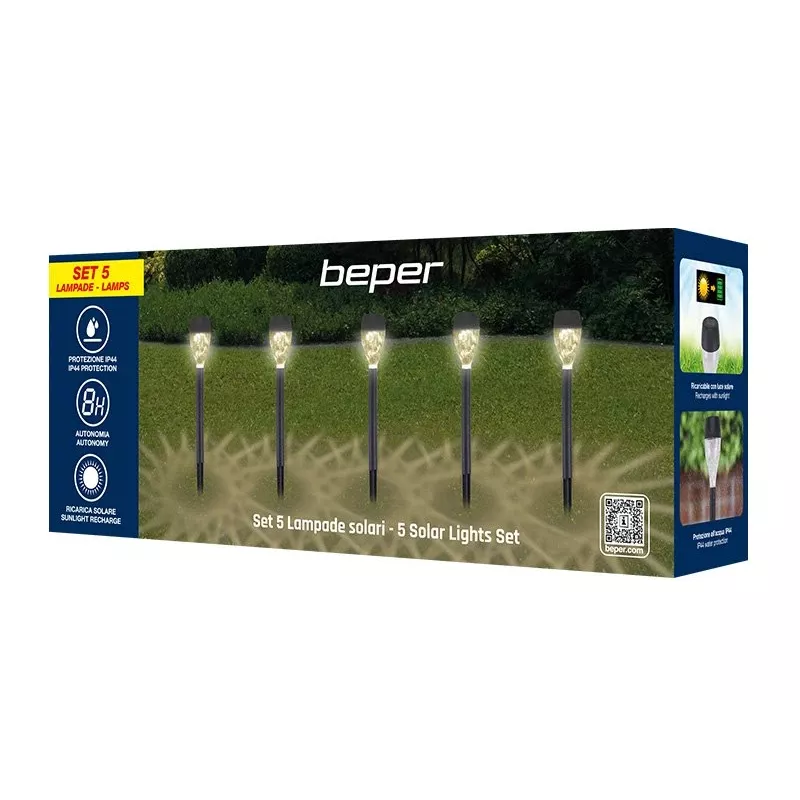 Zestaw lamp solarnych zewnętrznych Beper P207ILO050 — 5 wodoodpornych lamp do ogrodu i ścieżek