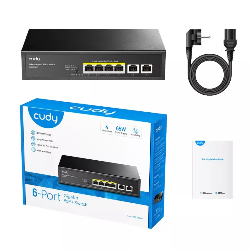 Przełącznik sieciowy Cudy GS1006P Niezarządzalny Gigabit Ethernet 6-portowy PoE, 12 Gbit/s, 2048 MAC, Czarny