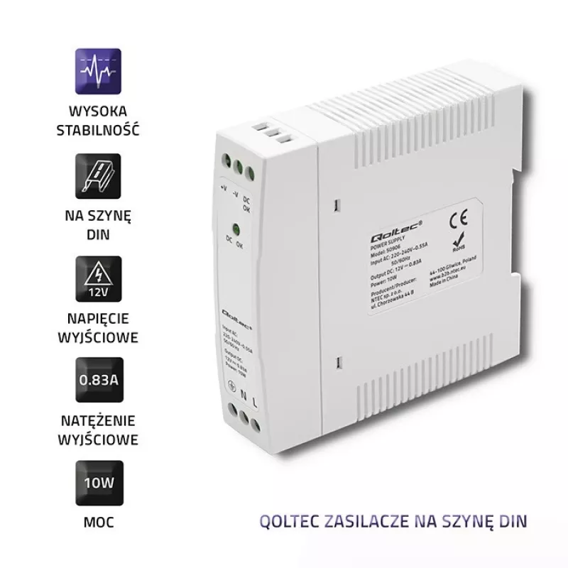 Zasilacz na szynę DIN 10W, 12V, 0,83A, cienki
