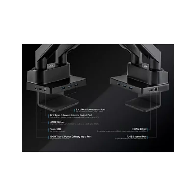 Manhattan Dual Desk Mount do telewizorów i monitorów (pełny ruch, sprężyna gazowa) z wbudowaną stacją dokującą, do ekranów do 27 cali, porty (x7): Ethernet, HDMI (x2), USB-A (x3) i USB-C, zasilanie Power Delivery (100 W) do portu USB-C (wymagana oddzielna ładowarka ścienna / kabel USB-C), VESA: 75x75 i 100x100 mm