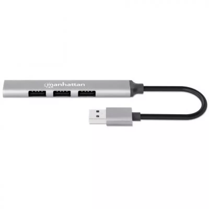 Manhattan USB-A 4-Portowy Hub, 4x porty USB-A (1x USB 3.2 Gen1 5 Gbps aka USB 3.0, 3x USB 2.0 480 Mbps), zasilany z portu USB (nie wymaga zewnętrznego zasilacza), Aluminium