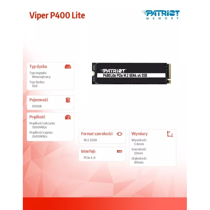 Dysk SSD Patriot Memory 500 GB M.2 PCI Express 4.0 NVMe P400 Lite